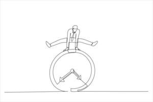 Cartoon of businessman employee worker jump over time passing clock. Business deadline or working time efficiency concept. Single continuous line art style vector