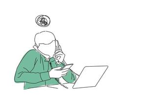 Drawing of stressed businessman working in his office and having multiple calls. Single line art style vector