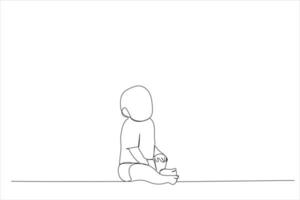 Drawing of happy little baby boy or girl sitting on floor at home. Single line art style vector