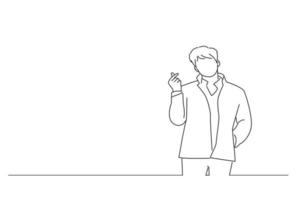 caricatura de un apuesto joven hombre de negocios que muestra un mini corazón o un gesto de manos en forma de corazón. estilo de arte lineal vector
