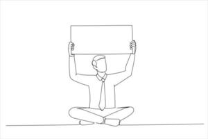 Cartoon of young man holding sign above his head. Single continuous line art style vector