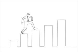 Illustration of confidence businessman step walking up stair of success with rising up arrow. Improvement or career growth. One line style art vector