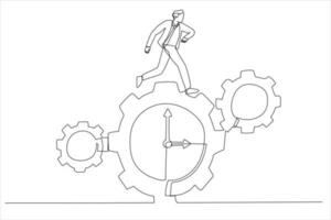 Illustration of businessman run along gear in form of clock. Time control concept. One line art style vector