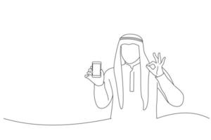 Drawing of arab businessman showing okay sign holding smartphone. Outline drawing style art vector