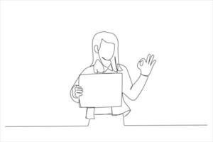 Illustration of beautiful woman holding blank empty banner doing ok sign with fingers. One line art style vector