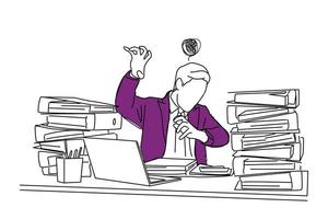 ilustración de un hombre de negocios ocupado bajo estrés debido al exceso de trabajo. arte de estilo de una línea vector