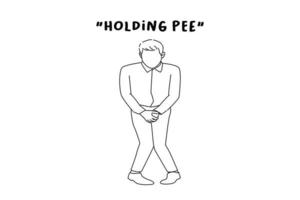 Cartoon of businessman holds hands the groin area and trousers wet from urine. Outline drawing style art vector