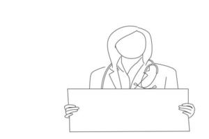 Drawing of young muslim female doctor showing signboard with copyspace for text or design, isolated over white background. Oneline art drawing style vector