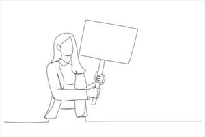 Cartoon of casual business woman holding a placard, looking up. Continuous line art style vector