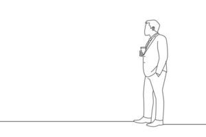 Drawing of businessman drinking a coffee and looking out. Oneline art drawing style vector