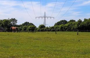 vista de torres eléctricas muy grandes con cables de alta tensión desde un coche en movimiento. foto