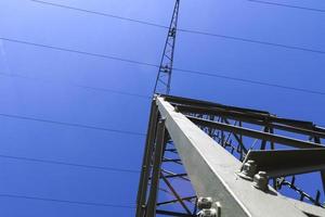 View of very large electricity pylons with high voltage cables from a moving car. photo