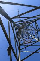 View of very large electricity pylons with high voltage cables from a moving car. photo