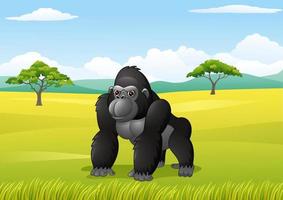 Cartoon gorilla in the savanna landscape vector