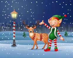 Cartoon Christmas elf with reindeer vector