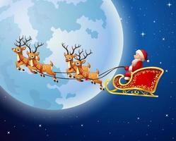 Santa Claus rides reindeer sleigh against a full moon background