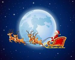 Santa Claus rides reindeer sleigh against a full moon background