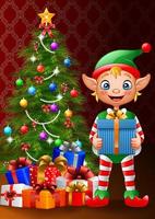 Christmas background with elf holding gift box vector