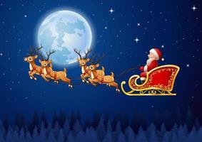 Santa Claus rides reindeer sleigh flying in the sky vector