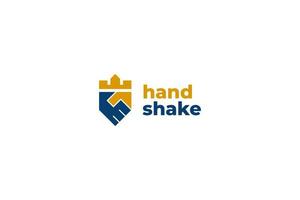 Flat handshake logo with castle icon vector design illustration idea