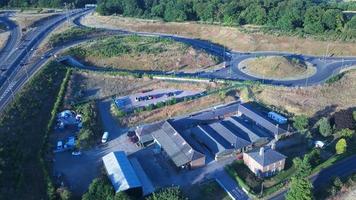 High Angle View of Luton Airport Junction Interchange of Motorways M1 J10 at Luton City of England UK. it is Connection Luton City and London Luton Airport Image Created on 11th August 2022 with Drone photo