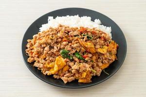 stir-fried minced pork with basil and egg topped on rice photo