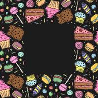 Seamless candy frame with place for text. Sweets and candy background. Doodle vector illustration with sweets and candy icons