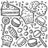 Sweets and candy icons. Sweets background. Doodle vector illustration with sweets and candy