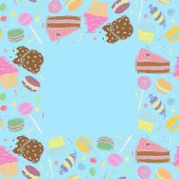 Seamless candy frame with place for text. Sweets and candy background. Doodle vector illustration with sweets and candy icons