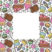 Seamless candy frame with place for text. Sweets and candy background. Doodle vector illustration with sweets and candy icons