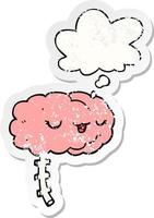 happy cartoon brain and thought bubble as a distressed worn sticker vector