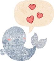 cute cartoon whale in love and speech bubble in retro textured style vector