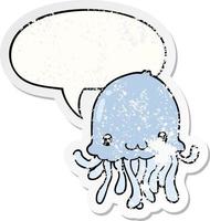 cartoon jellyfish and speech bubble distressed sticker vector