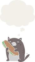 cartoon cat with sandwich and thought bubble in retro style vector