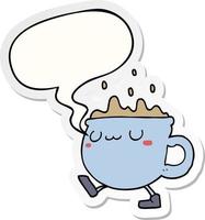 cartoon coffee cup walking and speech bubble sticker vector