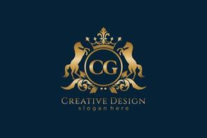 initial CG Retro golden crest with circle and two horses, badge template with scrolls and royal crown - perfect for luxurious branding projects vector