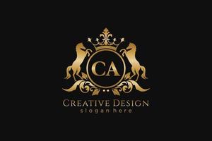 initial CA Retro golden crest with circle and two horses, badge template with scrolls and royal crown - perfect for luxurious branding projects vector