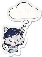 cartoon cat girl and thought bubble as a distressed worn sticker vector