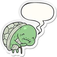 cute cartoon old turtle and walking stick and speech bubble sticker vector