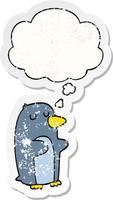 caricatura, pingüino, y, pensamiento, burbuja, como, un, desgastado, pegatina vector