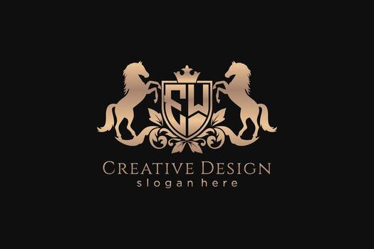 initial EW Retro golden crest with shield and two horses, badge template with scrolls and royal crown - perfect for luxurious branding projects vector