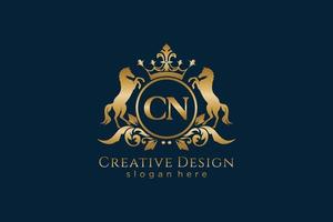 initial CN Retro golden crest with circle and two horses, badge template with scrolls and royal crown - perfect for luxurious branding projects vector
