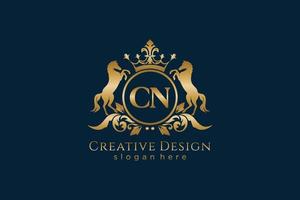 initial CN Retro golden crest with circle and two horses, badge template with scrolls and royal crown - perfect for luxurious branding projects vector