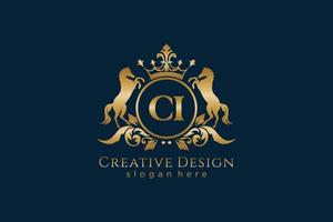 initial CI Retro golden crest with circle and two horses, badge template with scrolls and royal crown - perfect for luxurious branding projects vector