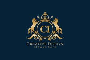 initial CI Retro golden crest with circle and two horses, badge template with scrolls and royal crown - perfect for luxurious branding projects vector