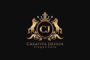 initial CJ Retro golden crest with circle and two horses, badge template with scrolls and royal crown - perfect for luxurious branding projects vector