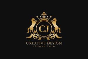 initial CJ Retro golden crest with circle and two horses, badge template with scrolls and royal crown - perfect for luxurious branding projects vector