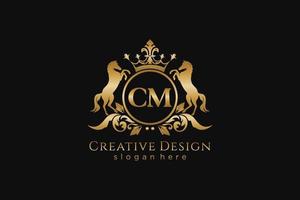 initial CM Retro golden crest with circle and two horses, badge template with scrolls and royal crown - perfect for luxurious branding projects vector