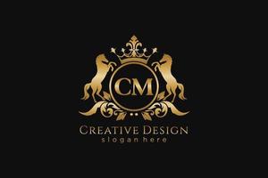 initial CM Retro golden crest with circle and two horses, badge template with scrolls and royal crown - perfect for luxurious branding projects vector