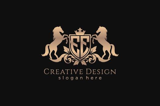 initial EE Retro golden crest with shield and two horses, badge template with scrolls and royal crown - perfect for luxurious branding projects vector